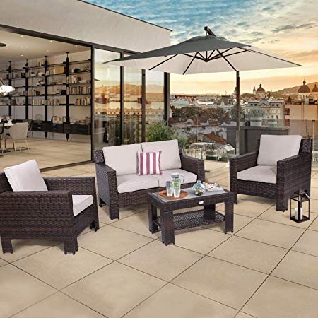 Diensday Outdoor Furniture 4-Piece Conversation Set All Weather Brown Wicker Deep Seating with Beige Water-Resistant Olefin Cushions & Sophisticated Glass Coffee Table | Patio, Backyard, Pool, Porch