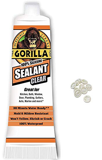 Gorilla 100 Percent Silicone Sealant Caulk, 2.8 Ounce Squeeze Tube, Clear with 10 Disposable Latex Finger Cots Rubber Fingertips