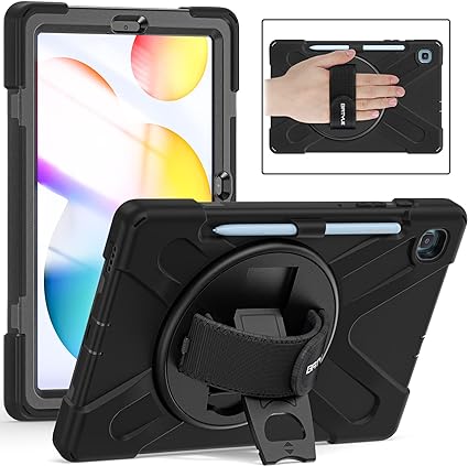 BATYUE Samsung Galaxy Tab S6 Lite Case 10.4 Inch 2022/2020 (SM-P610/P613/P615/P619), Protective Cover with Pencil Holder, Shoulder Strap, Hand Strap, Kickstand (Black)