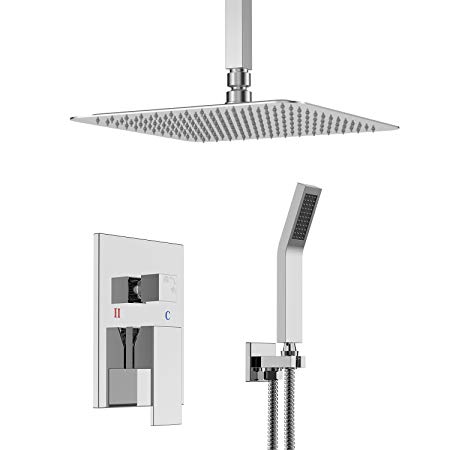 SR SUN RISE 12 Inch Ceiling Mounted Bathroom Luxury Rain Mixer Shower Combo Set Ceiling Install Rainfall Shower Head System Polished Chrome (Contain Shower faucet rough-in valve body and trim)