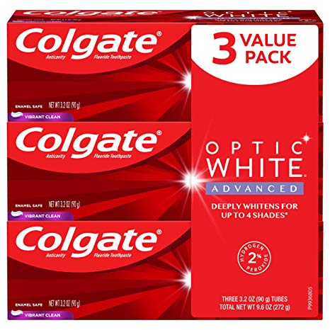 Colgate Optic White Advanced Teeth Whitening Toothpaste, Vibrant Clean - 3.2 ounce (3 Pack)