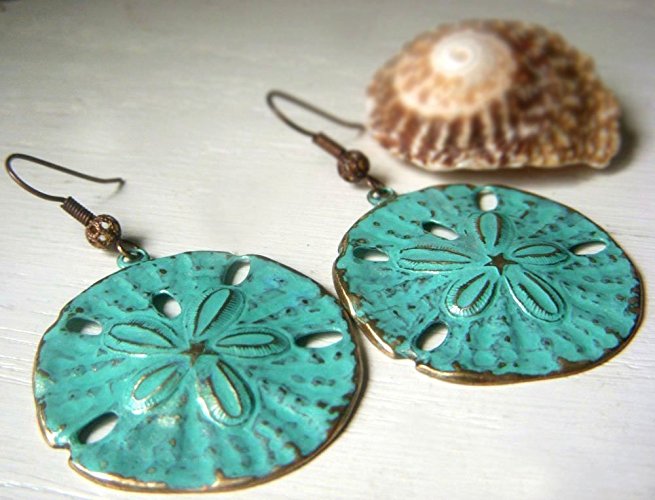 Sand Dollar Earrings - Mint Turquoise Hand Patina Brass - Beach Ocean Jewelry