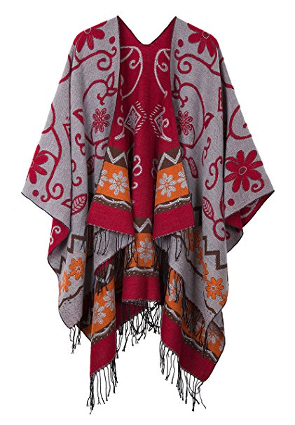 Women's Fashionable Retro Style Vintage Pattern Tassel Poncho Shawl Cape