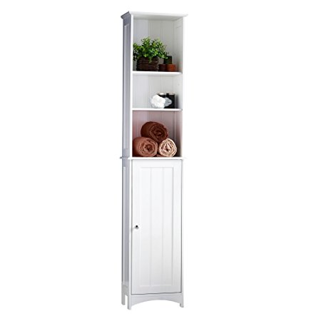 VonHaus Tall Bathroom Storage Unit | White Colonial Style Tallboy Cabinet Cupboard