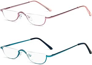 Half Reading Glasses - 2 Pairs Half Rim Metal Frame Glasses Spring Hinge Readers with Leather Pouch for Men and Women (Blue&Pink, 2.25)