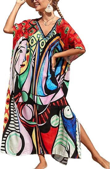 Bsubseach Women Colorful Geometric Beach Cover Up Loose Kaftan Dress