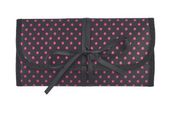 8" x 11" Hanging Travel Jewelry & Accessories Organizer Roll Bag with Zippered Compartments (Hot Pink Polka Dot on Black Exterior & Hot Pink Interior)