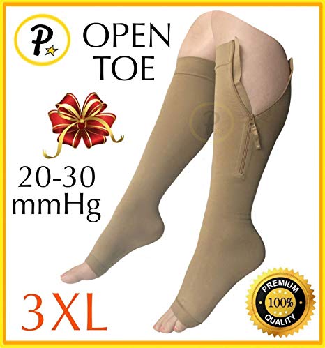 Presadee Premium Open Toe Big Tall Super Size 20-30 mmHg Zipper Compression Swelling Leg Circulation Socks (Beige, 3XL)