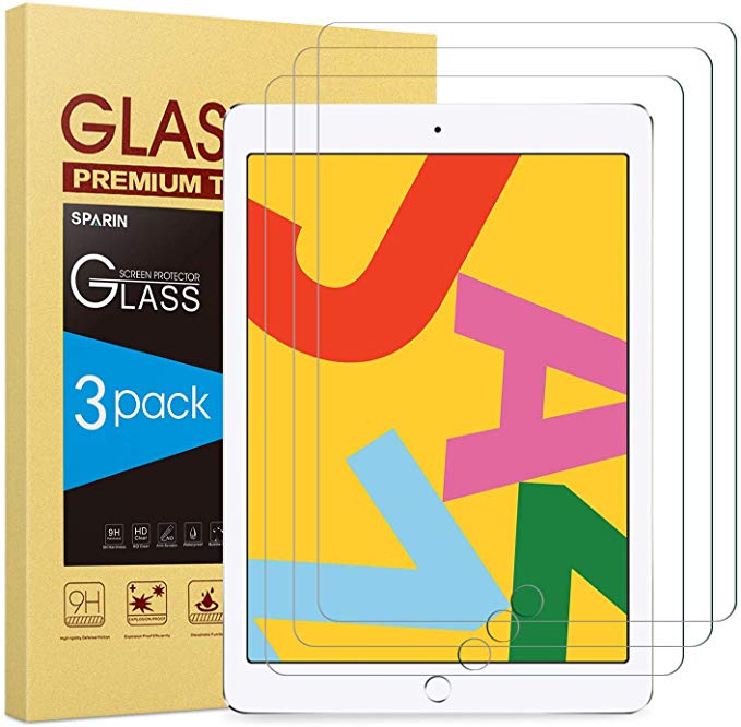 [3 Pack] Screen Protector for iPad 10.2 (2019), SPARIN Tempered Glass for iPad 10.2 (7th Gen) 2019 Released [High Sensitivity] [Easy Installation] [Bubble Free]