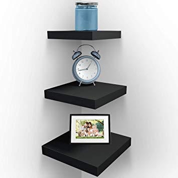 Sorbus Wall Mount Corner Shelves, Square Hanging Wall Shelves Decoration, Perfect Trophy Display, Photo Frames, Home Décor, Set of 3 (Black)