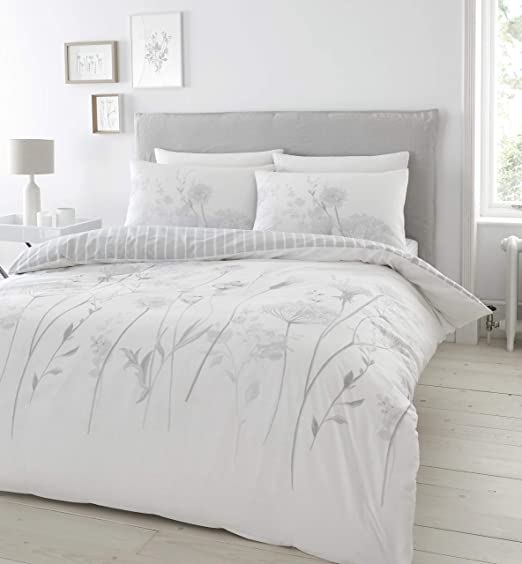 Catherine Lansfield Meadowsweet Floral Easy Care King Duvet Set White/Grey