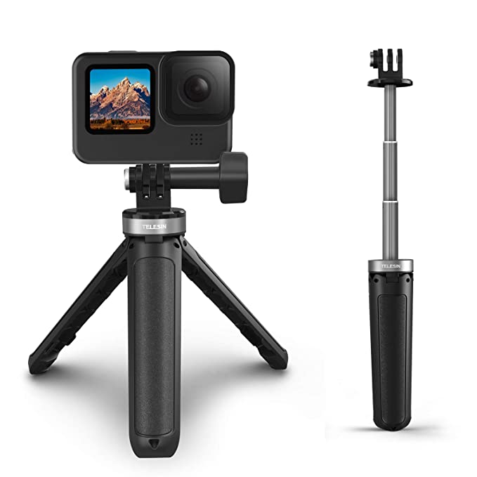 TELESIN Mini Desktop Extendable Selfie Stick Tripod for GoPro Max Hero 10 9 8 7 6 5 DJI Osmo Action Pocket Insta 360 One R One X2 Go 2, Compact Size Portable Adjustable Camera Tripod Stand