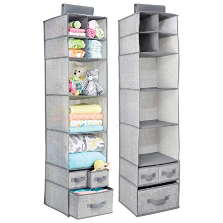 mDesign Set of 2 Fabric Hanging Wardrobe With 7 Shelves and 3 Drawers - the Ideal Hanging Wardrobe Made of Fabric - Perfect Hanging Shelf for Nappies & Other Baby Items - Gray