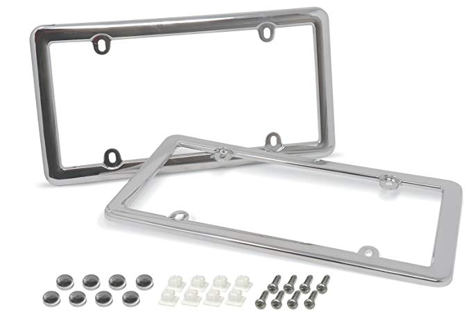 Cruizin Along 4 Hole Classic License Plate Frames with Fastener Caps and Mounting Hardware - 2 PC Value Pack (Chrome)