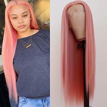QD-Tizer 13x6 Lace Front Wigs, Long Straight Hair Pink Wig Free Part Glueless Heat Resistant Synthetic Lace Front Wigs for Women