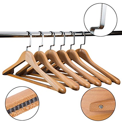 Etech Jacket Hangers Coat Hangers 6-Pack for Coats and Pants Wooden Clothes Hanger Solid Wood Suit Hangers with Non Slip Bar Walnut Finish Wooden Coat Hangers Clothes-rack (Natural Wood, 6)