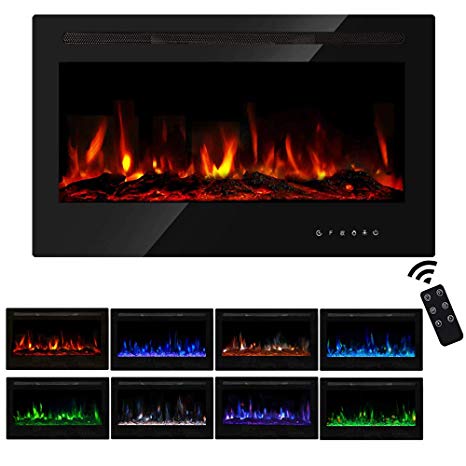 PieDle 36" Electric Fireplace, in Wall Recessed & Wall Mounted LED Heater, Log Set & Crystal, 5 Flame Settings, Realistic 9 Color Flame, Touch Screen, Remote Control, 750/1500W, Black (36 inch)