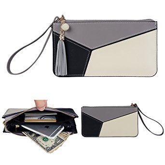 Befen Soft Leather Wristlet Phone Wristlet Wallet Clutch Tassels Wristlet /Wrist Strap / Card slots/ Cash pocket - Gray Mix