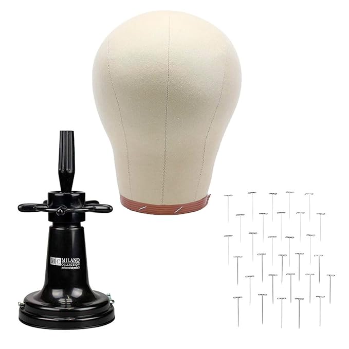 MILANO COLLECTION 21” Cork Mannequin Head with Canvas Cover for Dressing and Styling Wigs, DIY Wig Block, Wig Holder Bundle Includes 30 T-Pins and a Suction Cup Stand, Wig Making Kit and Supplies