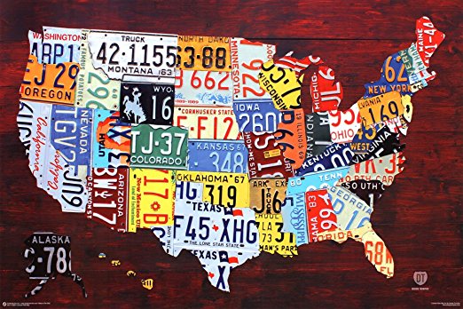 License Plate Map of the United States Poster 36 x 24in