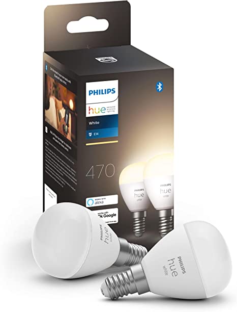 Philips Hue White Smart Luster Bulb Twin Pack LED [E14 Small Edison Screw] - 470 Lumens (40W Equivalent). Works with Alexa, Google Assistant and Apple Homekit