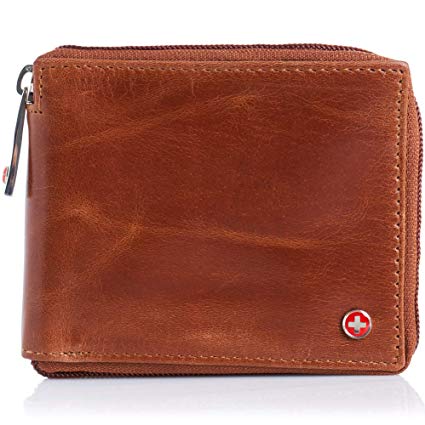 Alpine Swiss Mens Leather Zip Around Wallet ID Card Window Secure Zipper Bifold