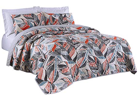 PHF Printed Quilt Coverlet Set Reversible Bedspread 100% Cotton Feather Pattern Soft Cozy Breathable for Winter 3 Pieces King Size Living Coral/Orange Grey