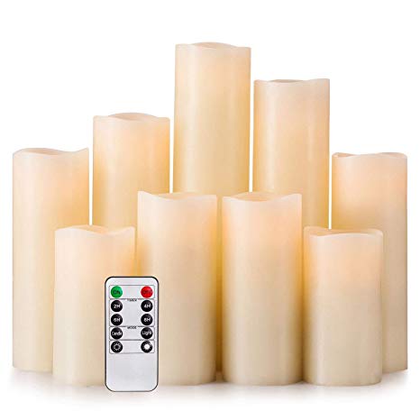 Bingolife 4" 5" 6" 7" 8" 9" Pillar Flameless Weatherproof Outdoor and Indoor LED Candles with 10-key Remote Control - 2/4/6/8 Hours Timer - Set of 9 (Ivory)