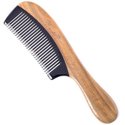 No Static Black Buffalo Horn Comb with Sandalwood Handle Rounded