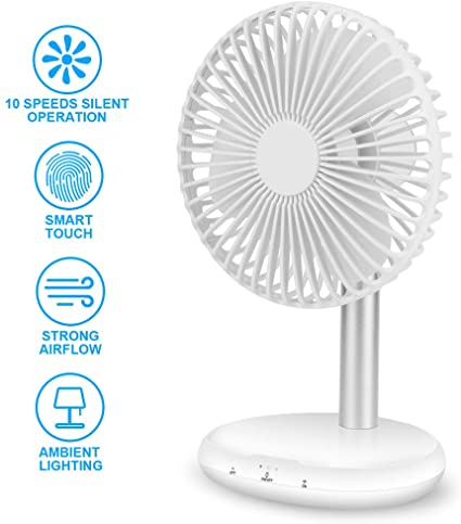 Personal Desk Fan, Silent USB Rechargeable Desktop Fan, Adjustable Head Height 90° Rotatable, Powerful Airflow, Portable Table Fans 10 Speeds & LED Lamp, Ideal for Home, Office and Outdoor (White)