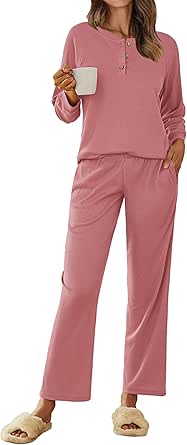 Ekouaer Waffle Knit Pajamas for Women Set Long Sleeve Pants Pj Henley Tops Lounge Sets Comfy Sleepwear with Pockets