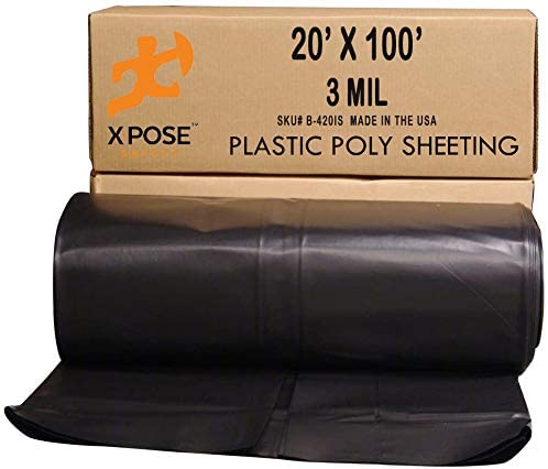 Black Poly Sheeting - 20 x 100 Feet Heavy Duty, 3 Mil Thick Black Plastic Tarp Waterproof Vapor and Dust Protective Equipment Cover - Agricultural, Construction and Industrial Use - by Xpose Safety
