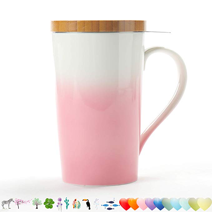 TEANAGOO M066-P Bone China Tea-Mug with Diffuser and Lid, 18 OZ, Pink, Office Tea-cup with steep strain Steeper Brewing Strainer for Loose Leaf Tea, One Tea Drinking Filter Set for Tea Lover