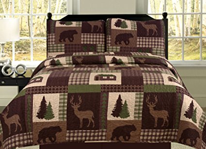 Twin Quilt 2 Piece Set Rustic Cabin Lodge Deer and Bear Coverlet Bedspread