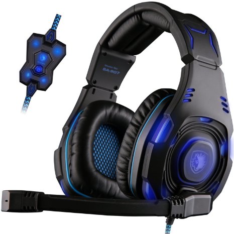 GW SADES SA907 Virtual 7.1 channel USB Wired Surround Sound Over Ear Stereo Gaming Headset Headband Headphones with Hifi Mic Multi-function Control Cool Blue LED Lighting with Two Modes(Black)