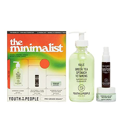 Youth To The People The Minimalist Kit - Superfood Cleanser (8oz) + Travel Size Moisture Cream (15mL), 15% Vitamin C Energy Serum (8mL) - 3 Piece Vegan Skincare Set with Face Wash, Face Cream + Serum