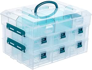 MyGift 11 Inch Clear Arts and Crafts Stackable Container, Sewing Supplies Storage Organizer Case with Blue Accents, 24 Customizable Compartments, and 6 Drawers with Removable Dividers