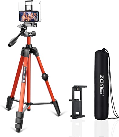Phone Tripod, 54 Inch Video Tripod with 360 Panorama Pan Head, 1/4'' Screw, Phone Holder and Remote Shutter for Photo/Travel/Live Streaming, Compatible with iPhone/Android/Camera(Orange)