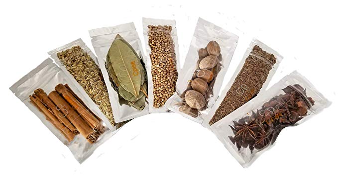 Organic Whole Spices Starter Gift Set - 7 Spice Kit: Bay Leaves,Ceylon Cinnamon Sticks, Nutmeg, Star Anise, Seeds: Cumin, Coriander, Fennel