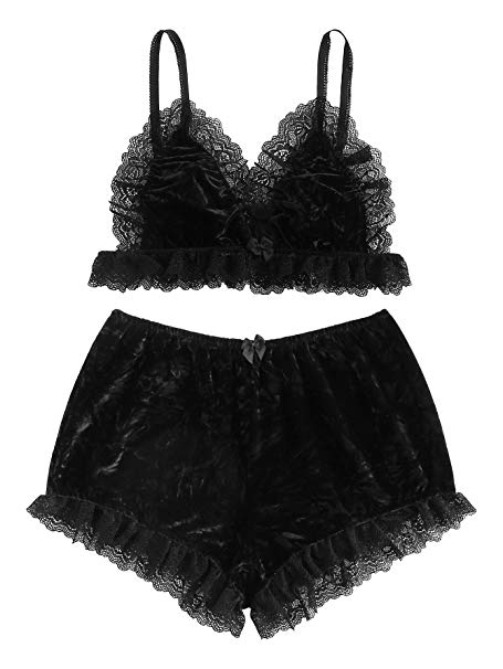 DIDK Women's Lace Trim Velvet Bralette and Shorts Pajama Set