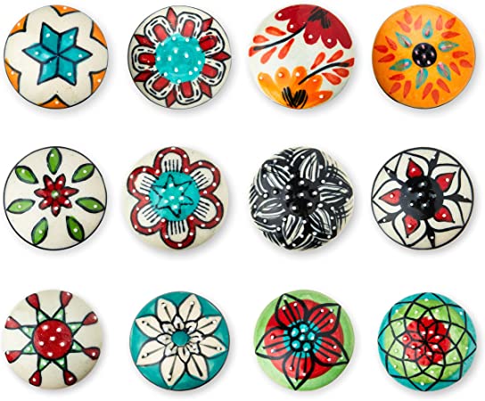 New & Improved Set of 12 Handmade Knobs | Colourful Multi Design Ceramic Cabinet Knobs | Drawer Pulls for Any Home, Kitchen or Office | These Drawer Knobs Comes with 1 Wrench, Screw Cap & Extra Bolts