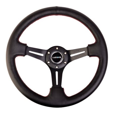 Steering Wheels 350mm Sport Steerign Wheel (2" Deep) Black Leather with Red Stitching ST-018R
