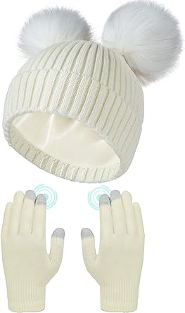 2 Pieces Satin Lined Winter Hats Women Pompon Beanies Winter Knitted Pom Hat Touchscreen Gloves Set for Women