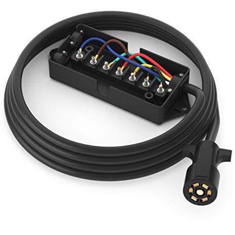 PWR  Extra Long 7 Way Wire Harness Light Plug Inline Trailer Cord with 7 Gang Junction Box - Heavy Duty Weatherproof Corrosion Resistant