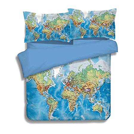 Guidear 3D Printed World Map Bedding Set for Kids Children ，Blue Ocean and Yellow Land Duvet Cover with Zipper Closure，2 Pieces Soft Microfiber Blue Quilt Cover with 1 Pillowcases Twin Size 68"x 86"