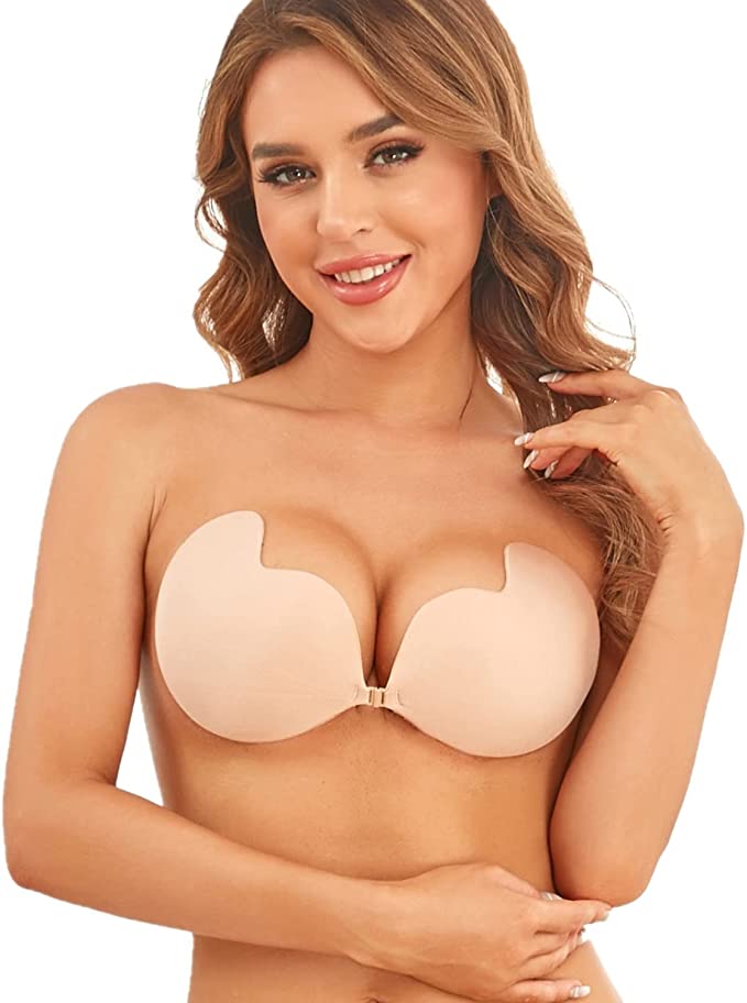 MITALOO Push up Strapless Self Adhesive Plunge Bra Invisible Backless Sticky Bras Beige