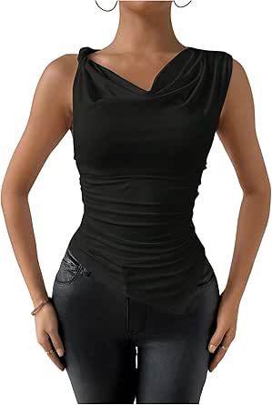 Milumia Women's One Shoulder Draped Neck Tank Top Ruched Asymmetrical Fitted Tops