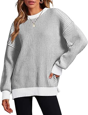 Zeagoo Women 2024 Fall Sweater Crew Neck Casual Long Sleeve Color Block Loose Pullover Rib Knit Blouse Tops XS-XXL