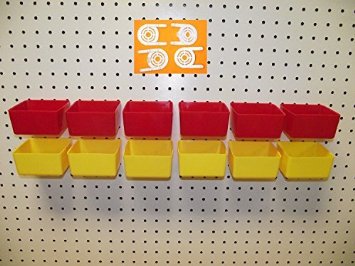 16 PACK 1/4" HOLE Peg Board Workbench Bins (6) Red bins & (6) Yellow bins PLASTIC Plus (4) Tool holders FITS WOODEN PEGBOARDS (PEGBOARD NOT INCLUDED)