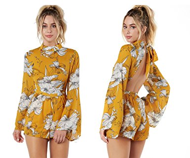 Oumal Women Cute Rompers Halter Neck Floral Print Backless Short Beach Boho Summer Jumpsuits with Long Sleeves